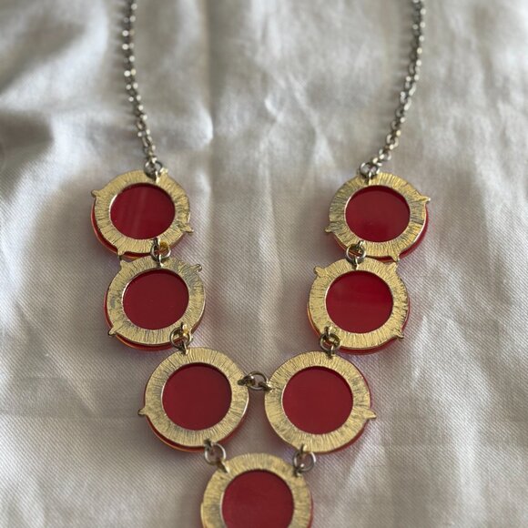 Bold Red Sparkle Statement Necklace – Layered Disc & Sunburst Design - Picture 2 of 4